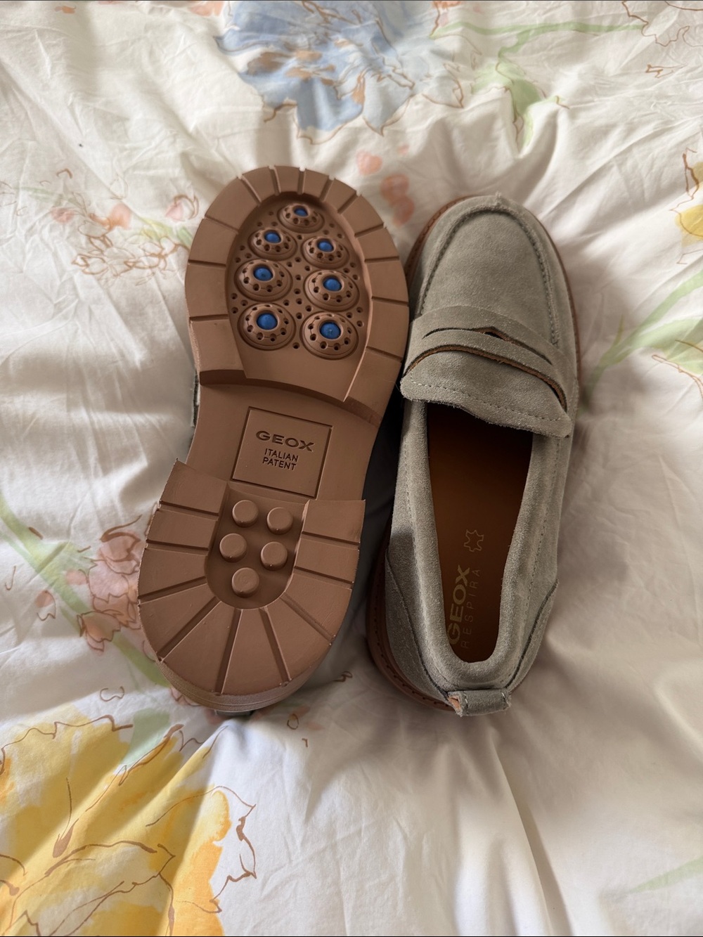 Geox Light Gray Suede Penny Loafers with Brown Lug Sole